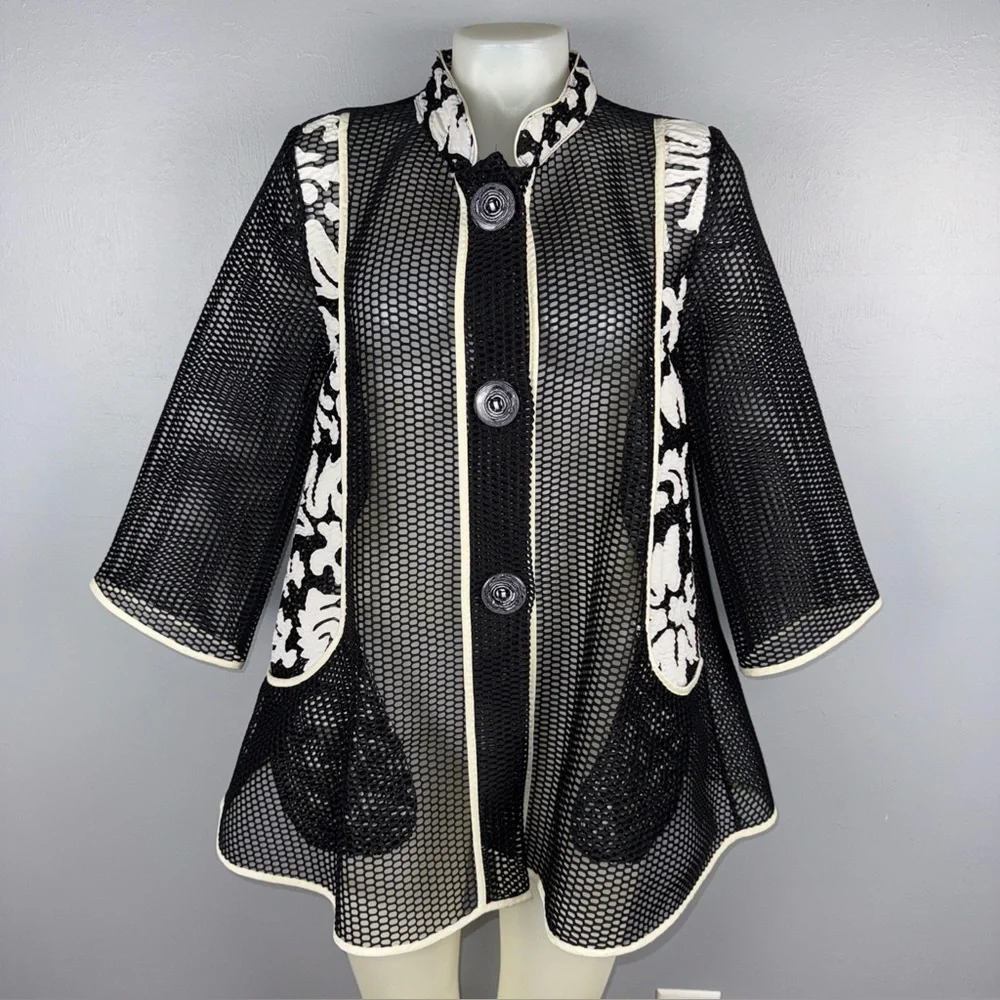 Haute Couture Paris Cardigan Medium Black White Ivory Sheer Art To Wear‎ *READ